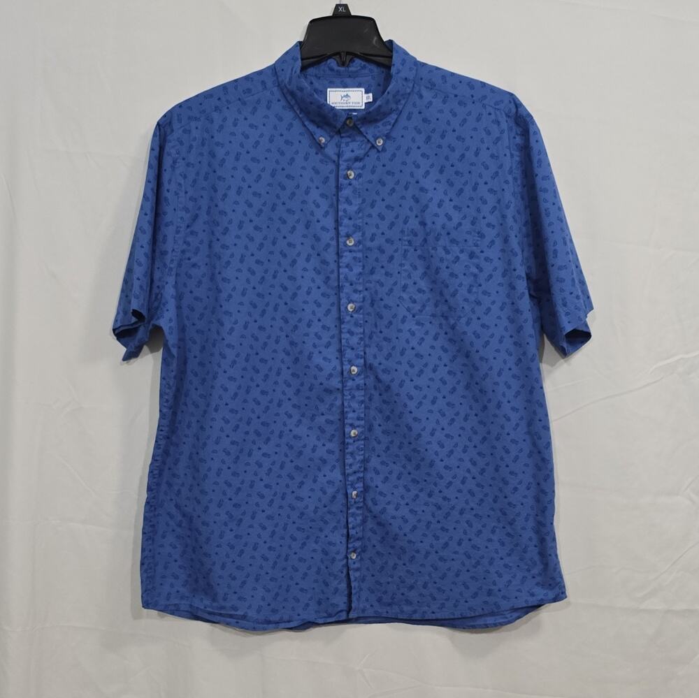 Southern Tide Men's XXL Blue Pineapple Classic Short Sleeve Button-Down Pocket